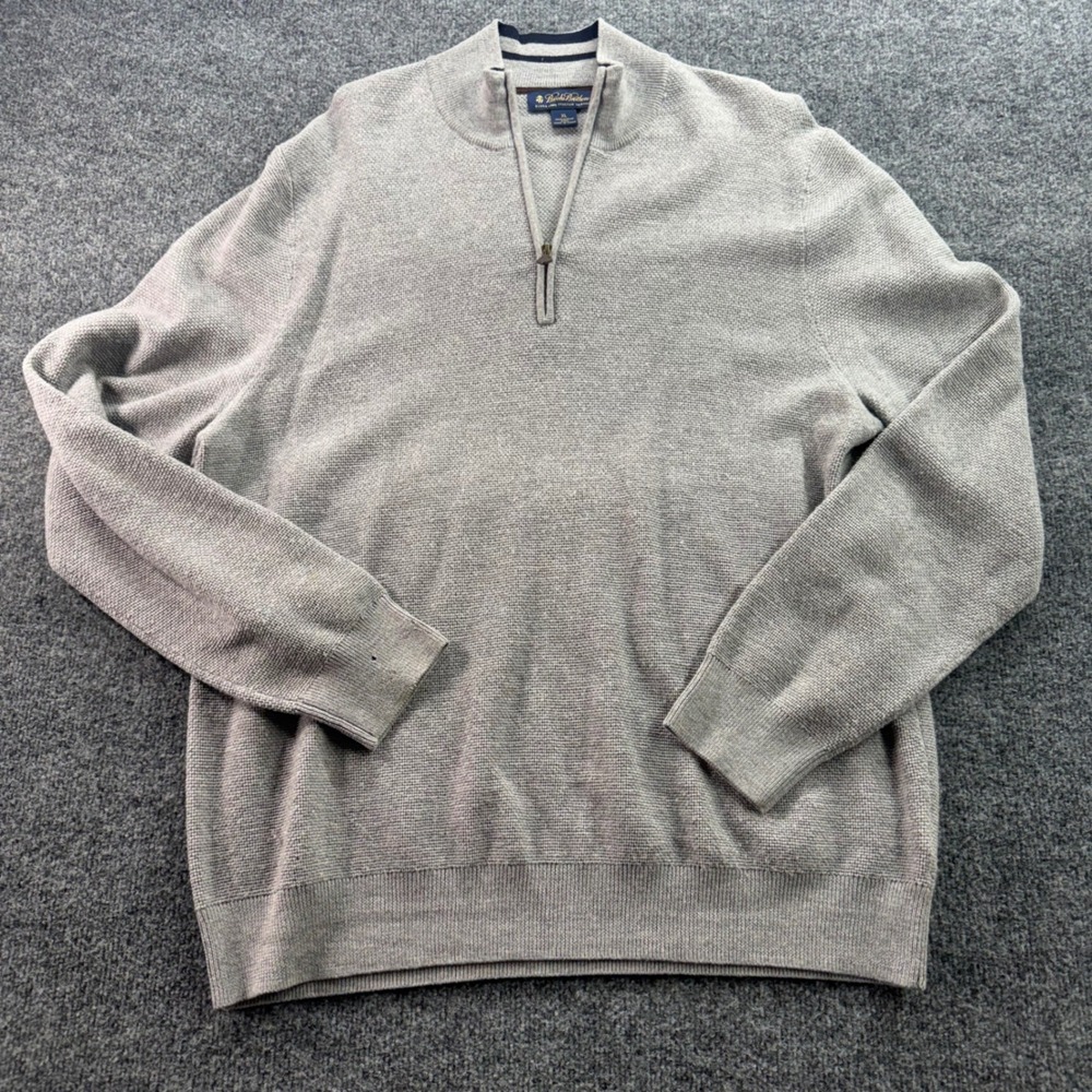 Brooks Brothers Quarter Zip Sweater Merino Wool Pullover XL Gray Mens Mock Neck